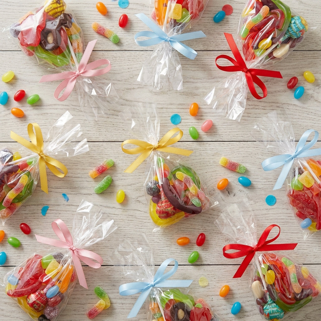 Colorful candies in clear bags with ribbons on a wooden surface